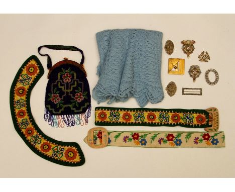 Vintage black long gloves embroidered belt with felt applique, edged (Green & Ochre). Another embroidered belt, plain linen w