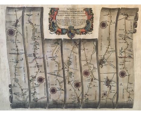 Collection of four framed antique maps, comprising: John Ogilby road map, London to Shrewsbury, hand-coloured copper engravin