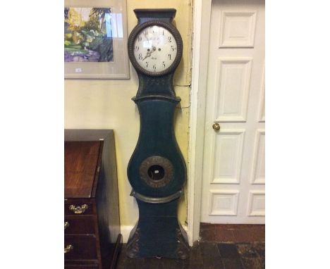 Swedish Painted ClockA 19th C Swedish green painted pine longcase clock with rectangular cavetto moulded top above a circular