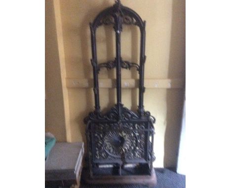 A Victorian cast iron hall stand, possibly by Coalbrookdale, with 9 hat hooks over umbrella and stick stand, 182cm high