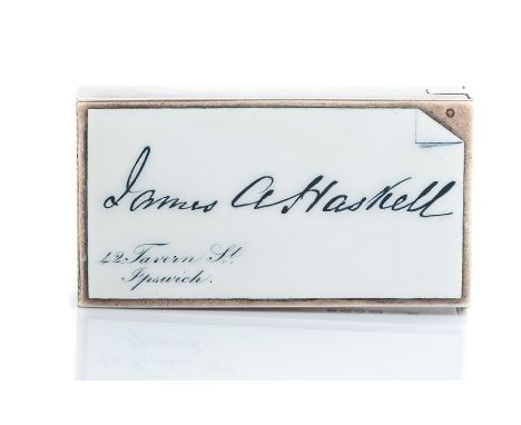 Sampson Mordan, a late Victorian novelty silver vesta case, inset enamel calling card for James A. Haskell, 22 Tavern St, Ips