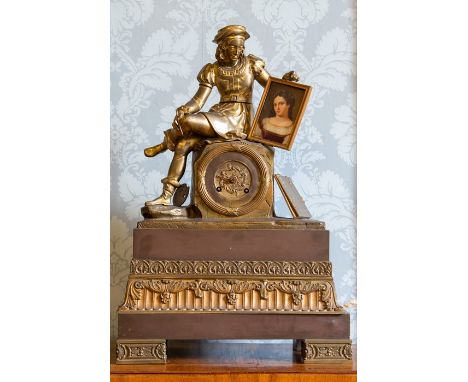 A 19th Century French gilt metal bracket clock, circa 1870, surmounted with a figure of an artist admiring a portrait, on a r