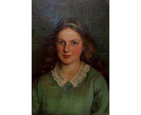 Katherine Abbot Cox (British, 20th Century), portrait of a girl, bust length wearing a green dress, signed l.l., oil on canva