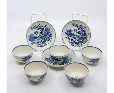 A series of Worcester blue and white tea bowls and saucers, circa 1780, comprising five tea bowls and three saucers, matched 