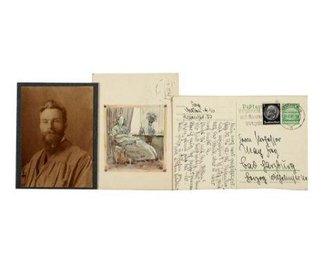 Max Frey. Sammlung von 18 eigenhändigen Briefen und Postkarten mit 8 vorwiegend aquarellierten und monogrammierten Zeichnunge