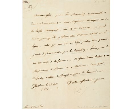 Napoleonica - - Napoleon I. Brief mit eigenhändiger Unterschrift an seinen Stiefsohn Eugène de Beauharnais (1781-1824). Dresd