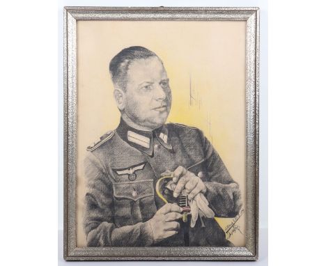 Framed Portrait of a German Army Administration (Sonderfuhrer) Officer, the portrait which appears to be hand drawn and colou