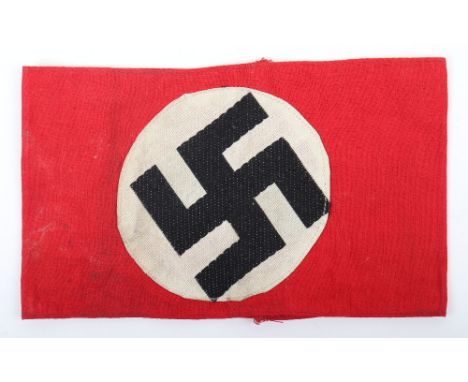 Third Reich NSDAP Party Armband, red cotton armband with bevo woven black swastika on white circular backing to the centre. S