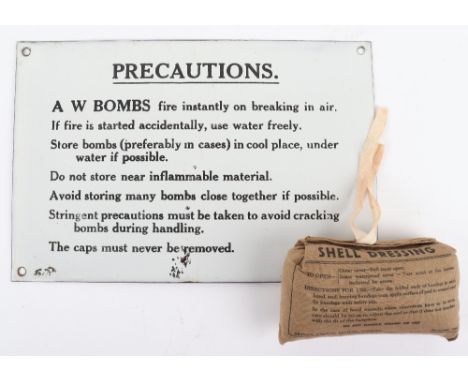 WW2 Home Front Enamel Precautions Plaque, white enamelled rectangular plaque for Precautions with “A W BOMBS”. Produced by Ch