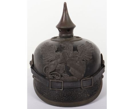 Baden M-15 Pickelhaube with Interesting Label, standard untouched model 1915 pickelhaube with grey metal Baden griffin helmet