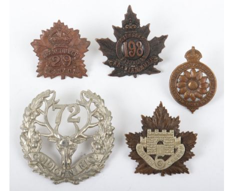 5x Canadian C.E.F Cap Badges, consisting of 6th Western Canada Battalion, 29th Battalion C.E.F (blade fittings to the reverse