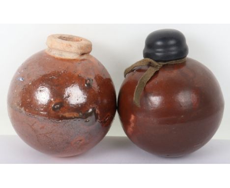 2x Japanese WW2 Type 5 Ceramic Grenades, both remain in good overall condition. One with replaced rubber cap, striker and str