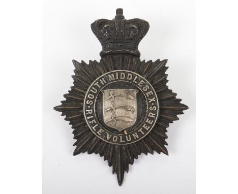 Victorian South Middlesex Rifle Volunteers Officers Shako Plate, fine blackened silvered shako plate with crowned rayed star,