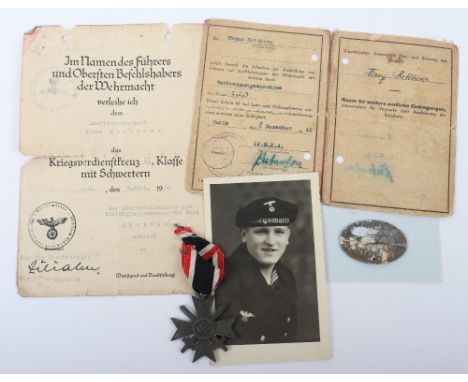 WW2 German Kriegsmarine War Service Cross 2nd Class Medal and Document Grouping, consisting of 2nd class War Service Cross 2n