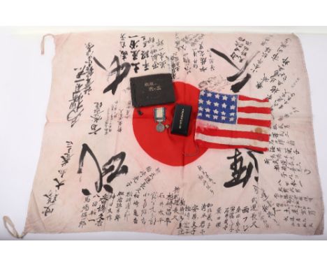 WW2 Japanese Soldiers Pacific War Grouping, consisting of a signed silk Japanese meatball pattern flag with over 70 signature