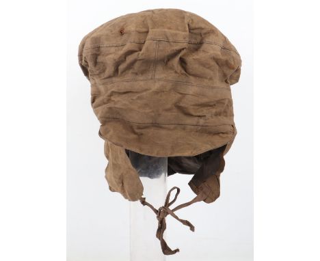 Scarce WW1 British Trench Cap Cover, khaki covered oilcloth cover with neck flap and cloth ties. Worn over the stiff top peak