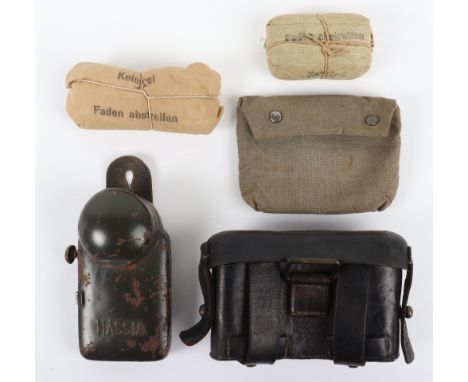 WW1 German Equipment Grouping, consisting of 1915 dated black leather ammunition pouch with ink stampings to the interior lid