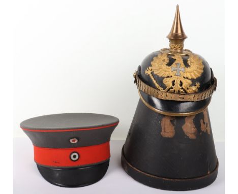 Imperial German Prussian Reserve Officers Pickelhaube and Peaked Cap Grouping, interesting officers pattern pickelhaube with 