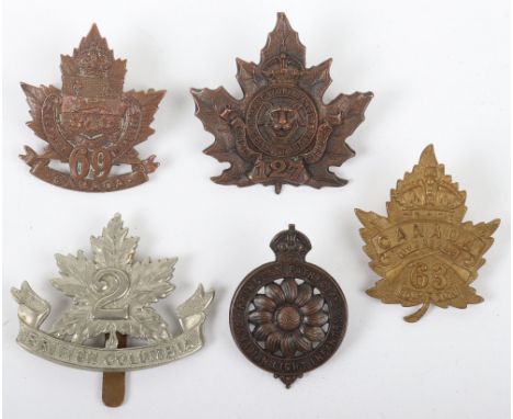 5x Canadian C.E.F Cap Badges, consisting of 2nd British Columbia regiment, 63rd Overseas Battalion C.E.F, 69th Service Battal