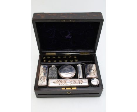 Victorian gentleman's grooming set in coremandle case with crushed velvet lined lid bearing the retailers name H. Pidduck &am