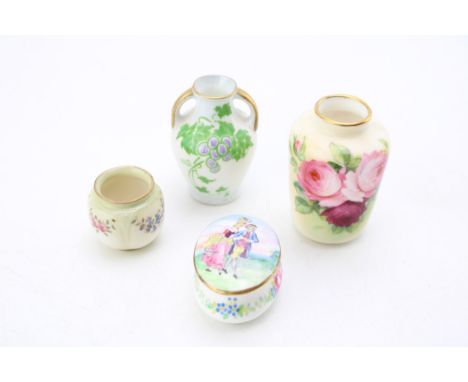Miniature ceramics to include a George Jones Crescent China with cabbage rose decoration, a Foley china two handled vase with