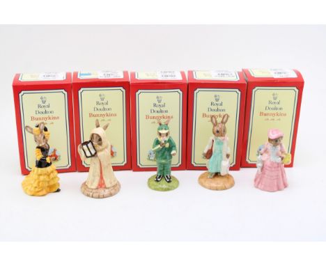 Boxed Royal Doulton Bunnykins to include Mary Mary, Sand of Time, Stopwatch, Shopper and Flamenco (5).  In good condition wit