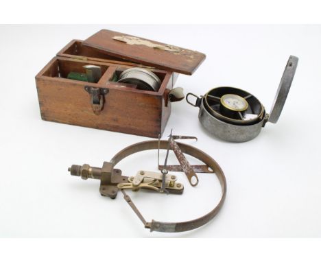 A Dennis Fire engine fire Stream computer gauge in wooden case together with a cased mining Anemometer formerly Hall's Collie
