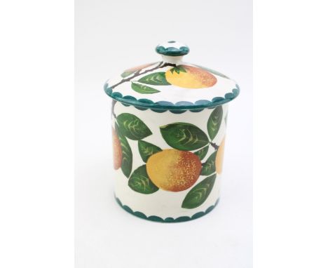 Wemyss Ware peach biscuit barrel, orange and vine pattern, 16cm tall.  Displays well, generally good, slight hairlines to one