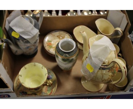 A SMALL TRAY OF CERAMICS TO INC A BACCHUS PART TEA SERVICE