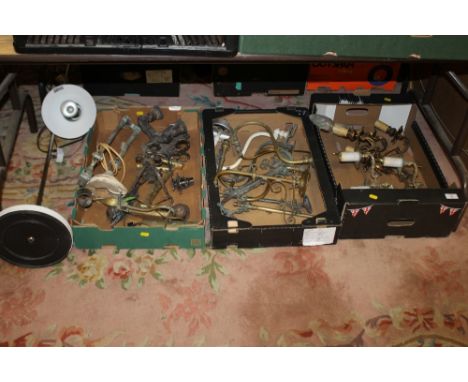 TWO PAIRS OF FRENCH BRASS WALL LIGHTS AND OTHER VINTAGE LIGHT FITTING PLUS A STANDING LAMP
