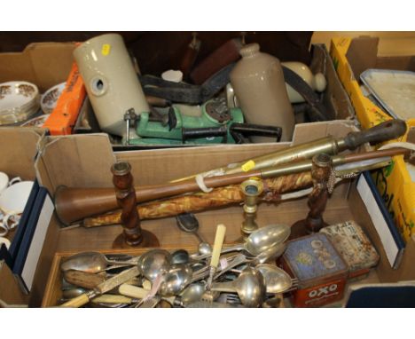 TWO MIXED TRAYS TO INCLUDE METALWARE, STONEWARE, FLATWARE, VINTAGE TINS ETC 