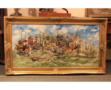 A LARGE GILT FRAMED OIL ON BOARD SEASCAPE DEPICTING A NAVAL SEA BATTLE, SIGNED LOWER RIGHT 'R LOCKWOOD 1989', 60 X 120 CM 