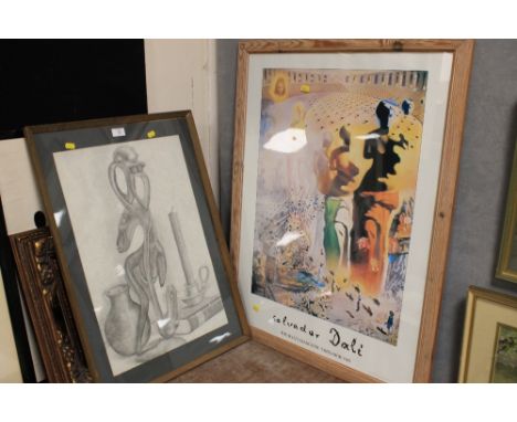 A SALVADOR DALI EXHIBITION POSTER TOGETHER WITH SURREALIST PENCIL SKETCH 