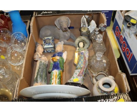 TWO TRAY OF MIXED CERAMICS AND GLASS WARE TO INCLUDE - ORIENTAL TEA WARE, CERAMIC FIGURES ETC 