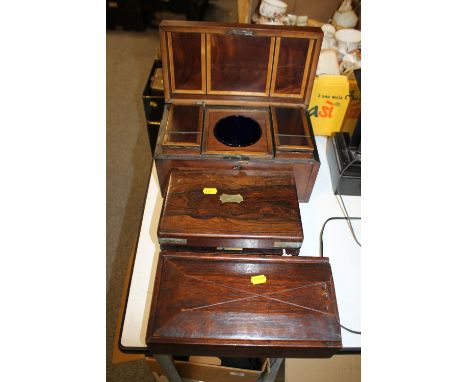 THREE TREEN BOXES TO INCLUDE - 19TH CENTURY MAHOGANY TEA CADDY, WRITING BOX & 1 OTHER 