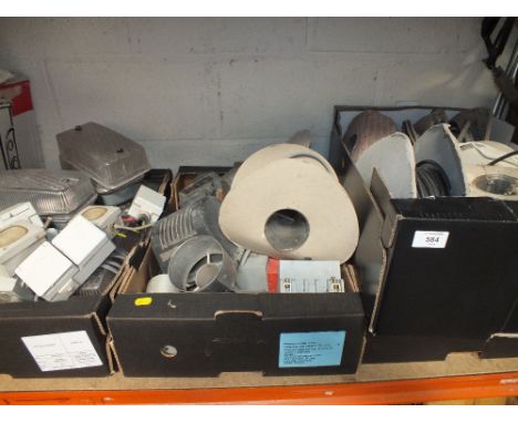 FOUR TRAYS OF WIRE, OUTDOOR LIGHT FITTINGS ETC