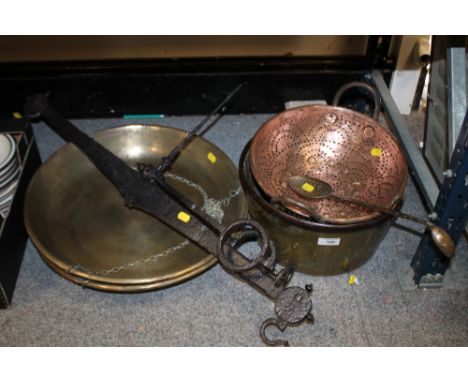 A SET OF VINTAGE HANGING SCALES, PLUS A JAM PAN ETC 