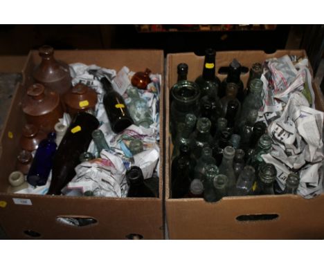 TWO TRAYS OF MOSTLY VINTAGE GLASS BOTTLES, STONEWARE JARS ETC 