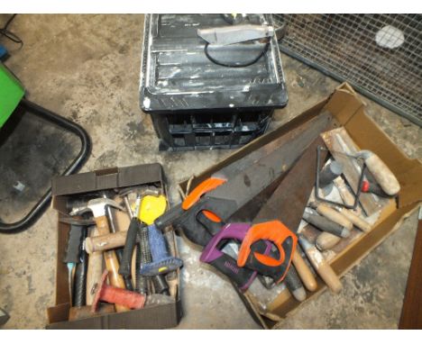TWO TRAYS OF SAWS AND HAMMERS ETC TOGETHER WITH A TILE CUTTER
