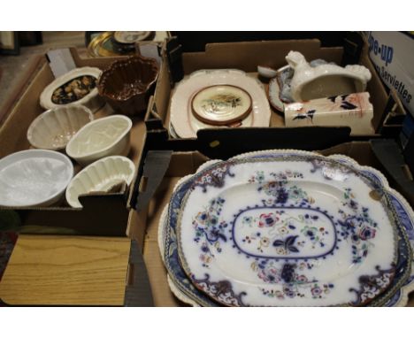 A SELECTION OF CERAMIC MEAT PLATES, JELLY MOULDS , SPODE ETC (3 TRAYS)