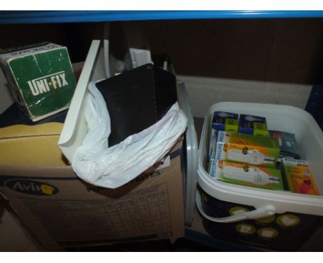A BOX OF ELECTRICALS, SCREWS ETC AND LIGHT BULBS