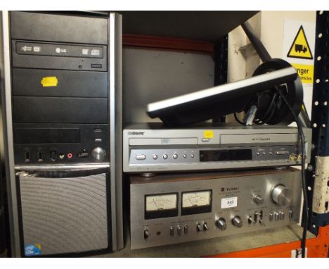 A COMPUTER TERMINAL, TECHNICS STEREO AMPLIFIER, MONITOR ETC