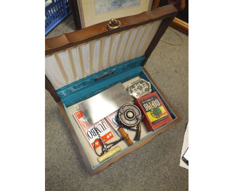 A VINTAGE WOODEN BOX TO INCLUDE OLD GAMES, MOTHER OF PEARL INLAID BOX ETC