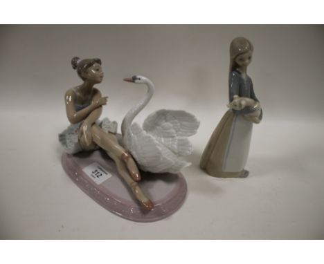 LLADRO FIGURE OF A BALLET DANCER WITH A SWAN TOGETHER WITH A LLADRO GIRL HOLDING A  PIGLET