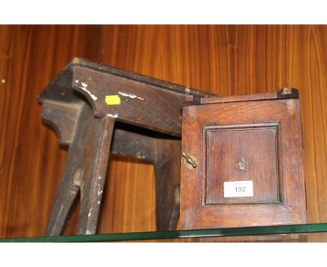 A SMALL TREEN STOOL TOGETHER WITH VINTAGE WOODEN KEEP SAFE BOX 