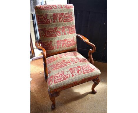 Cherry wood framed open armchair with elephant print fabric