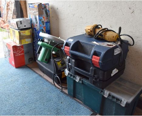 Power tools - includes Dewalt 110v grinder, Powerbase circular saw, sanders, tile cutter, etc, mostly boxed, untested a/f