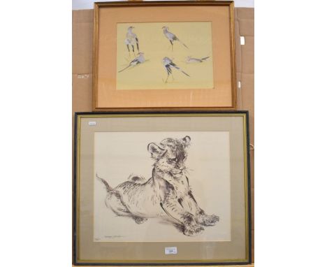 After Ralph Thompson - tiger cub limited edition print 20/250, 35 x 45 cm to/w gouache study Secretary bird (2)