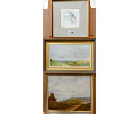 Maurice Wallbridge - Two oil on board landscapes, 18 x 31 cm and 29 x 35 cm to/w King's Gate Winchester print (3)