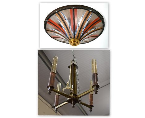 An Art Deco ceiling light with painted glass leaded panels, 40 cm diam to/w an Art Deco brass four-branch electrolier (2)